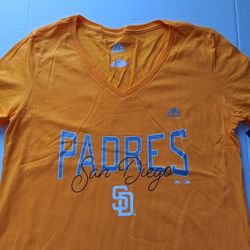 Women's M Padres Majestic V-neck Tee Gold Silver