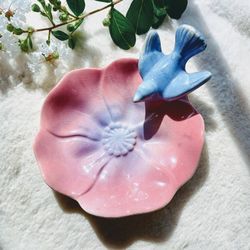 1940s Pink blossom Royal Copley trinket plate w bluebird, ring dish, cottage