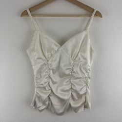 I.N. Vintage 90s Ivory White Satin Ruched V Neck Braided Strap Corset Tank Top