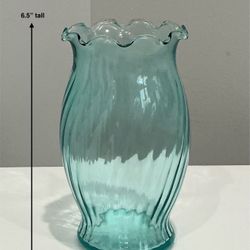 Vintage Light Aqua Swirl Design Glass Vase with Ruffled Edge