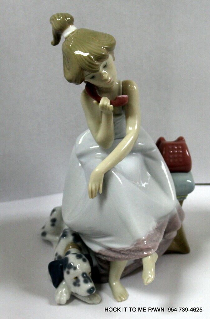 Vintage Lladro Chit-Chat Girl Figurine On Phone W/ Dalmatian Dog #5466