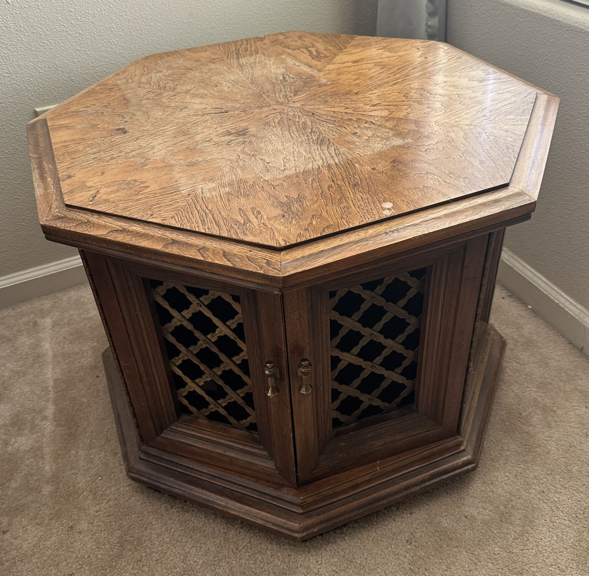 Vintage Octagon Wood Side Table with Built In Cabinet