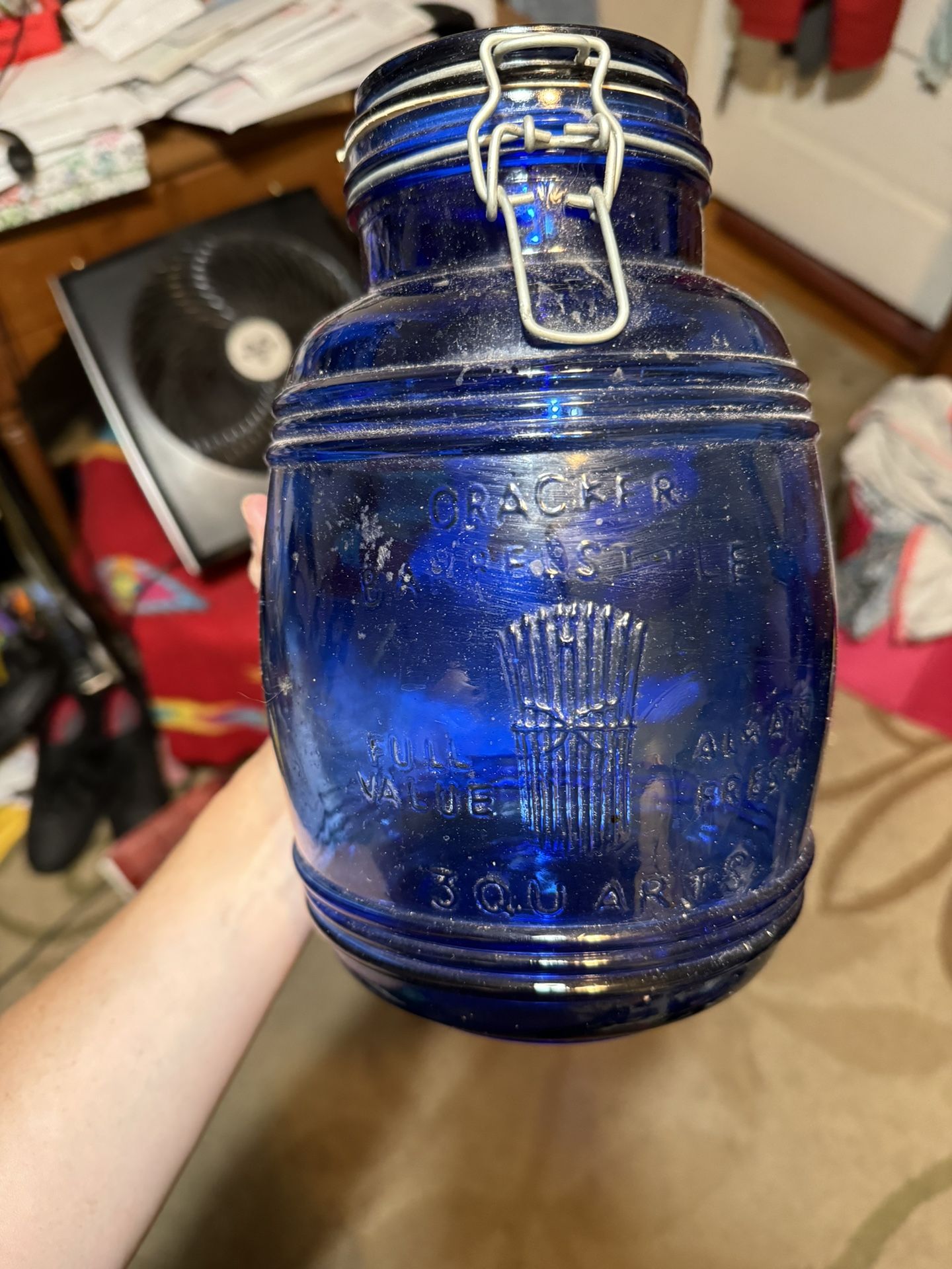 Vintage Cobalt Blue Cracker Barrel Style Glass Canister Jar