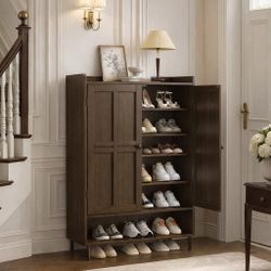 Shoe Storage Cabinet - 45" Tall Entryway Organizer with Cross Molding Doors, 3 Adjustable Shelves & Metal Legs, Shoe Rack for Front Door Entrance