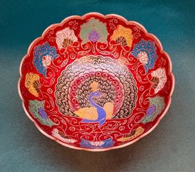 Vintage enameled brass bowl with etched peacock design