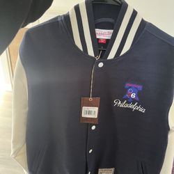New never warn Mitchell n Ness 76ers jacket still has tag on it washed fleeced full snap varsity jacket 