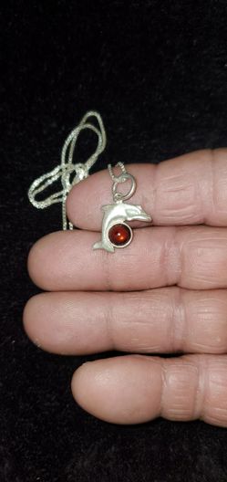 1980'S Baltic Amber Silver Dolphin Chain Pendent