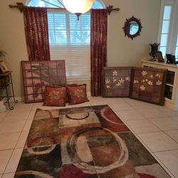 Rug, Drapes with matching pillows and Photos