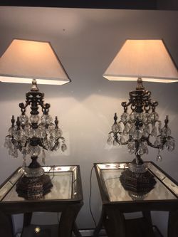 Pair Of Antique Bronze Brass Crystal Table Lamps