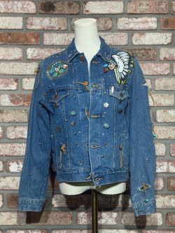 Vintage-Style, Custom-Embellished/Painted Denim Jacket Native American Style XL (One-of-A-Kind)