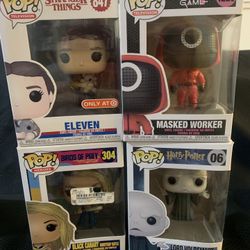 Funco Pop Stranger Things Eleven #847,  Suid Game Masked Worker #1226, Birds Of Prey Black Canary #304&  Harry Potter Lord Voldemort #6