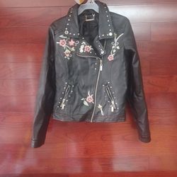 Girl’s JouJou Embroidered Floral Leather Biker Jacket Girls Size 14 Large