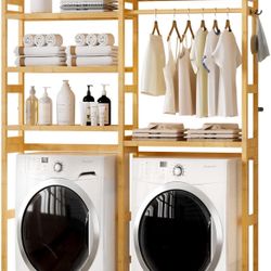 Over the Washer and Dryer Storage Shelf Bamboo,5 Tiers Laundry Room Drying Rack with Adjustable Shelves and 4 Hooks,Space Saver Organizer for Hanging 