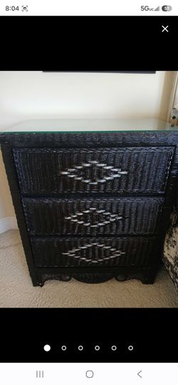 Black wicker 3 drawer glass top