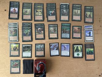 Magic the Gathering cards, deck box, and assorted dice
