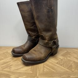 Cabela's Women's Brown Leather Harness Boots Western Moto Mid Calf Pull On 6.5