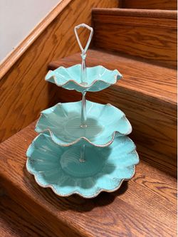 Vintage 3 Tier Tidbit Tray Turquoise and Gold Flower Plate Floral Shape California Pottery USA