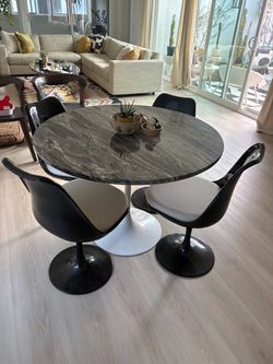 Saarinen Tulip Table Base with custom stone top & tulip chairs