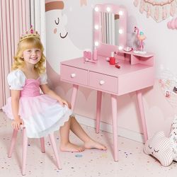 Kids Vanity Set and Mirror, Wooden Pretend Play Vanity Table and Chair Set for Girls with Stool, Drawer, Princess Makeup Dress-Up Toy for Toddlers 3+Y