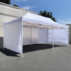 (Brand New) $205 Heavy Duty 10x20 FT Canopy (with 4 Sidewalls) Ez Pop Up Outdoor Party Tent w/ Carry Bag (White/Blue) 