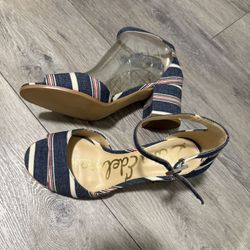 New Sam Edelman Striped Denim Block Sandals 6.5
