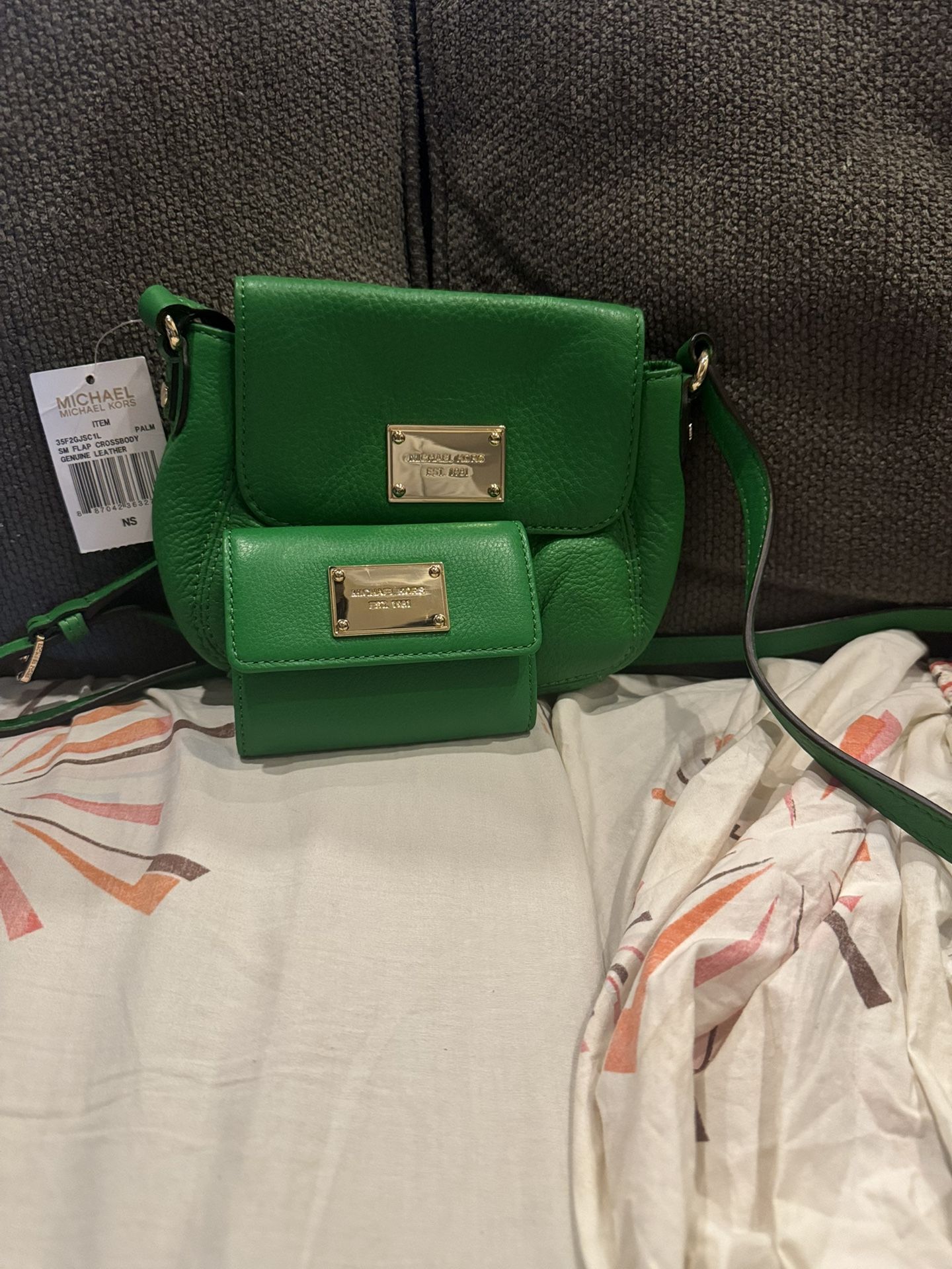 Brand New Michael By Michael Kors Cross Body Bag In Palm Green With Matching Coin Purse