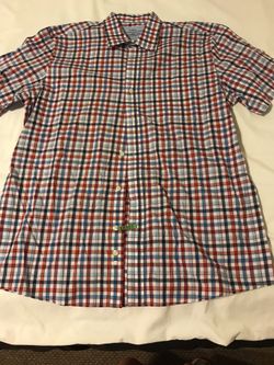 Men’s red white blue plaid short sleeve button front shirt size l large saddlebred