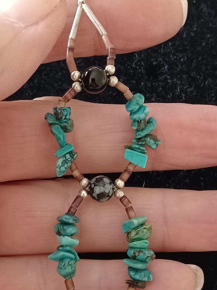 Vtg.Native Sterling Silver Turquoise &heishi & Onyx Bracelet