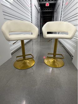 Pair of Modern White & Gold Adjustable Swivel Bar Stools