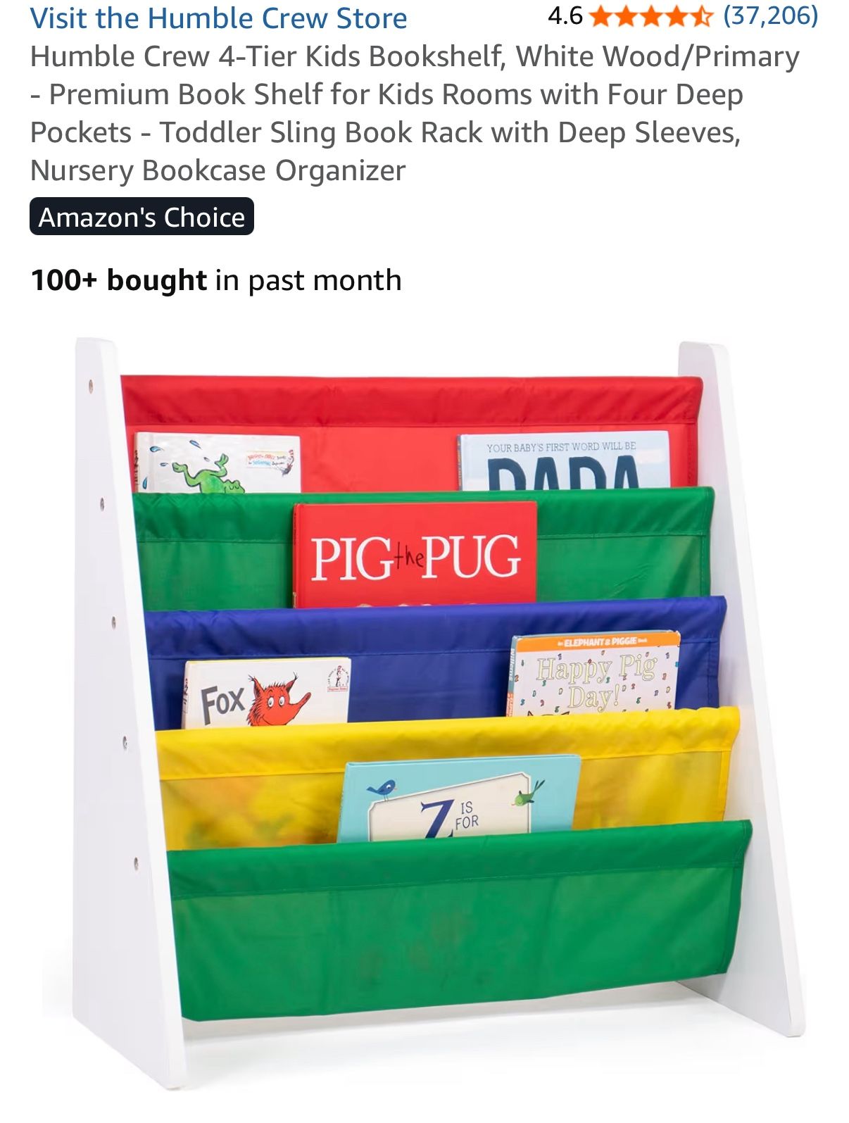 4-Tier Kids Bookshelf, White Wood/Primary - Premium Book Shelf for Kids Rooms with Four Deep Pockets 