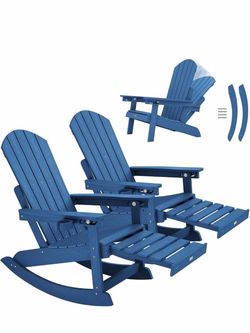 C） YEFU Adirondack Rocking Chairs, Adirondack Chair with Footrest, Navy 5- Level Adjustable Backrest, Retractable Ottoman & Cup Holder, Like Real Wood