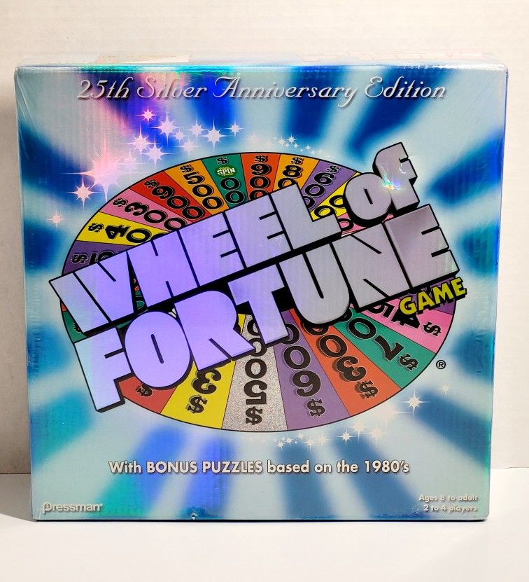Brand New Sealed 2007 Wheel of Fortune 25th Silver Anniversary Edition Pressman.
The "Wheel of Fortune 25th Silver Anniversary Edition" game includes
