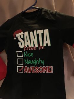 Black t-shirt with festive Santa design. Holiday time size 4