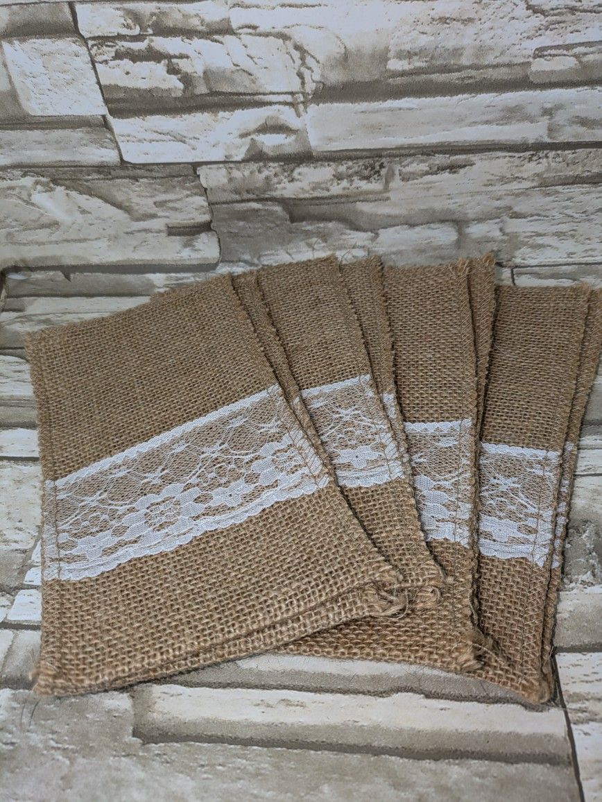 8 Burlap Cutlery Holder Vintage Rustic Still With Lace Accent