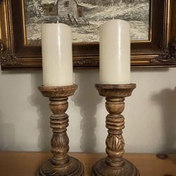 PAIR OF CANDLE HOLDERS CARVED WOOD 9” Tall