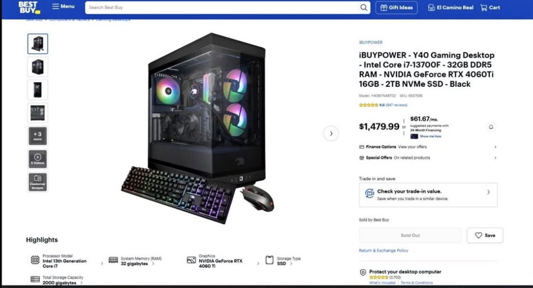 Pro Gaming iBUYPOWER - Y40 Gaming Desktop - Intel Core i7-13700F - 32GB DDR5 RAM - NVIDIA GeForce RTX 4060Ti 16GB - 2TB NVMe SSD - Black