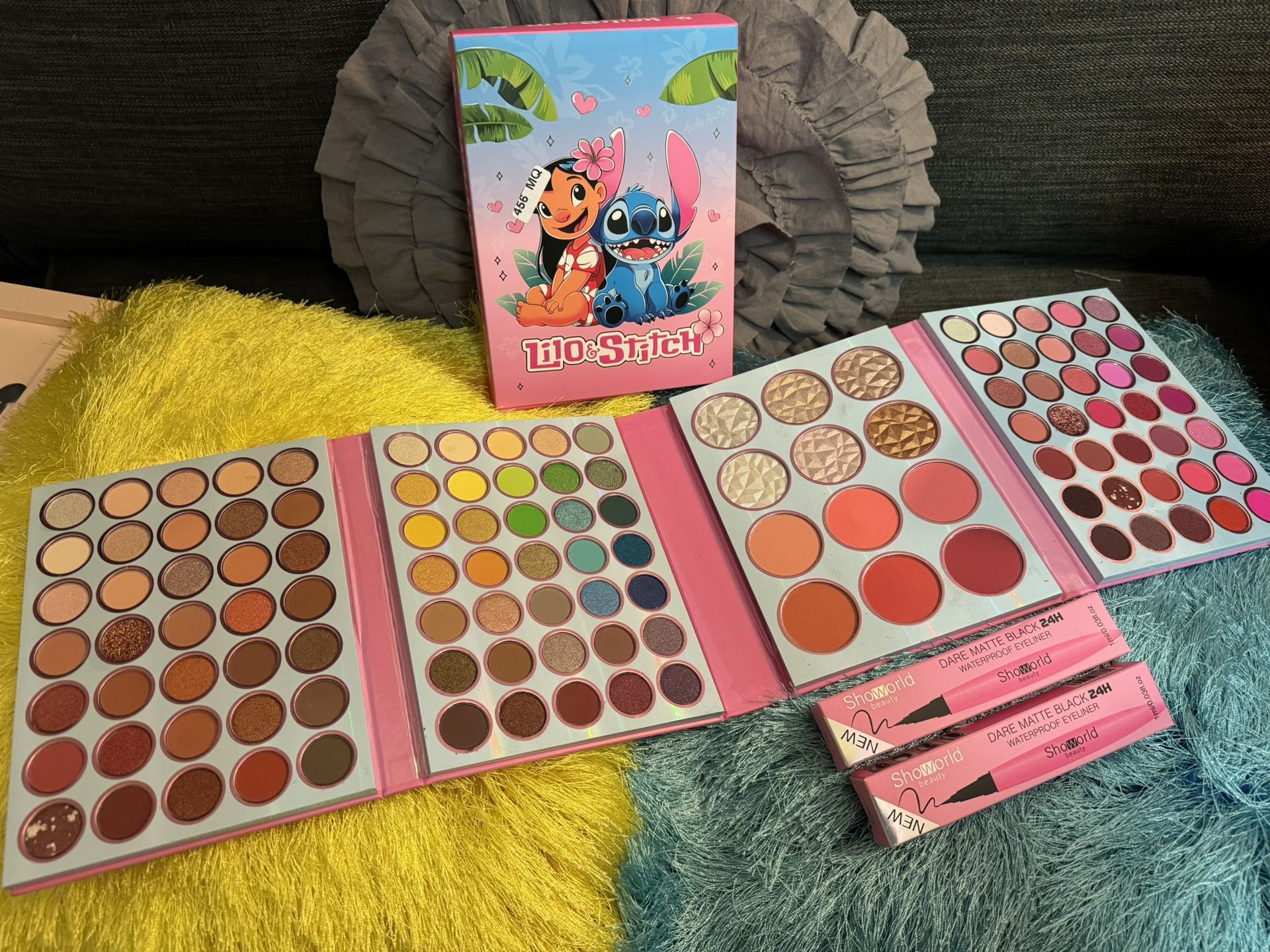 Lilo And Stitch Eyeshadow Blusher Highlighter Complete Palette With Matte black Waterproof Eyeliner
