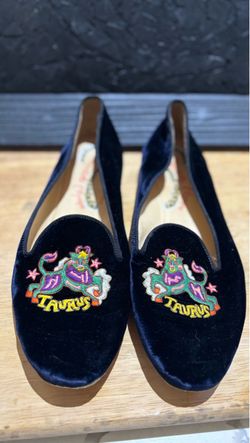 blue velvet Charlotte Olympia Taurus Nocturnal Flats featuring colorful embroidered Taurus horoscope size 8