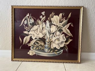 Frame wall picture  UNIQUE! Painting of “Geisha with flowers in burgundy background. Vintage 1975. 30’W  X 24’H  ($25.00)