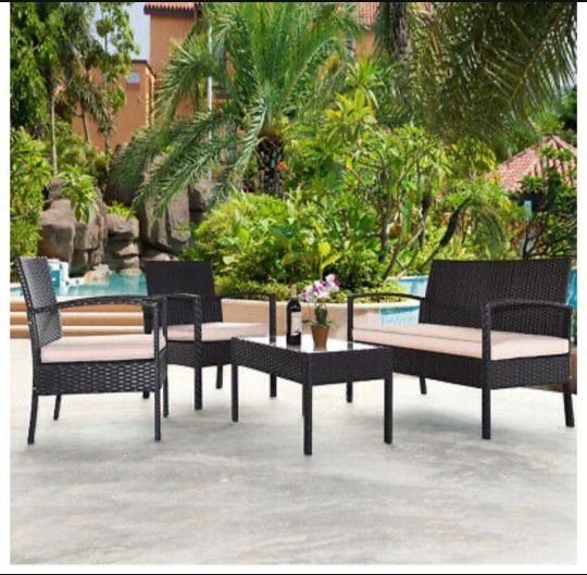 4-Piece Rattan Wicker Patio Conversation Set with White Cushions

