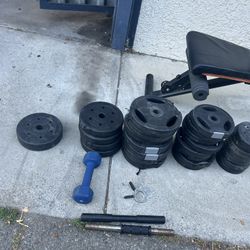Fitness Bench With Lots Of weight plates, different weights