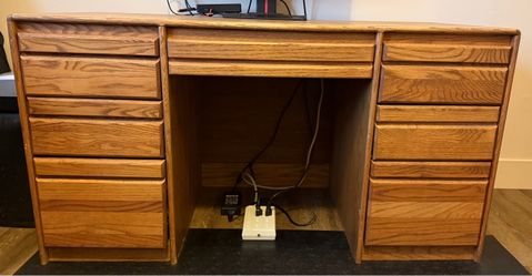 Oak desk w/drawers and two matching shelving units