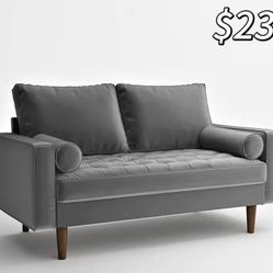 😀 Womble 58 Inch Velvet Loveseat Sofa with Elegant Button Tufted Upholstery, Square Arms, Splayed Wood Legs, Includes Matching Bolster Pillows, Grey
