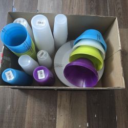 Plastic cups plates and bowl