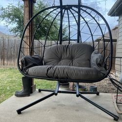 Double Egg Chair with Stand for Patio, Outdoor Indoor Hanging Swing 
