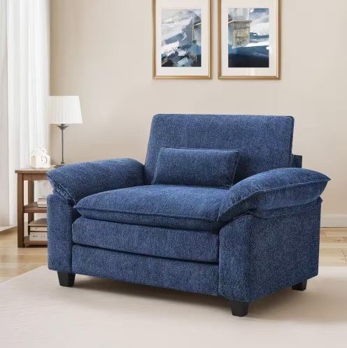 Modern Large Navy Chenille Fabric Armchair Set of 1 Accent Chair with 3-Layer Seat Cushion, Dark Blue