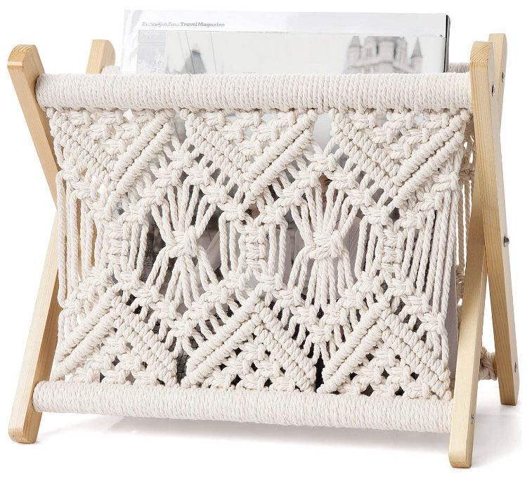 Macrame Magazine Rack Small Boho Magazine Holder Storage Standing Basket for Books, Newspapers, Notebook, Swaddle Blanket, Living Room, Bathroom