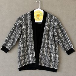 Anne Klein Womens XL Black White Geometric Print Layered Knit Cardigan Sweater