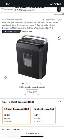 Bonsai Paper Shredder for Home Use,6-Sheet Crosscut Paper and Credit Card Shredder for Home Office with Handle for Document, Mail,Staple, Clip-3.4 Gal