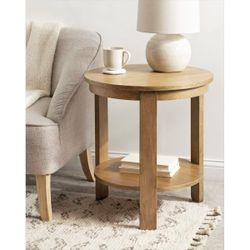 Stepped Round Side Table, 22 x 22 x 24 Inches, Natural Brown, Two-Tier Transitional Circular Nightstand with Storage $100